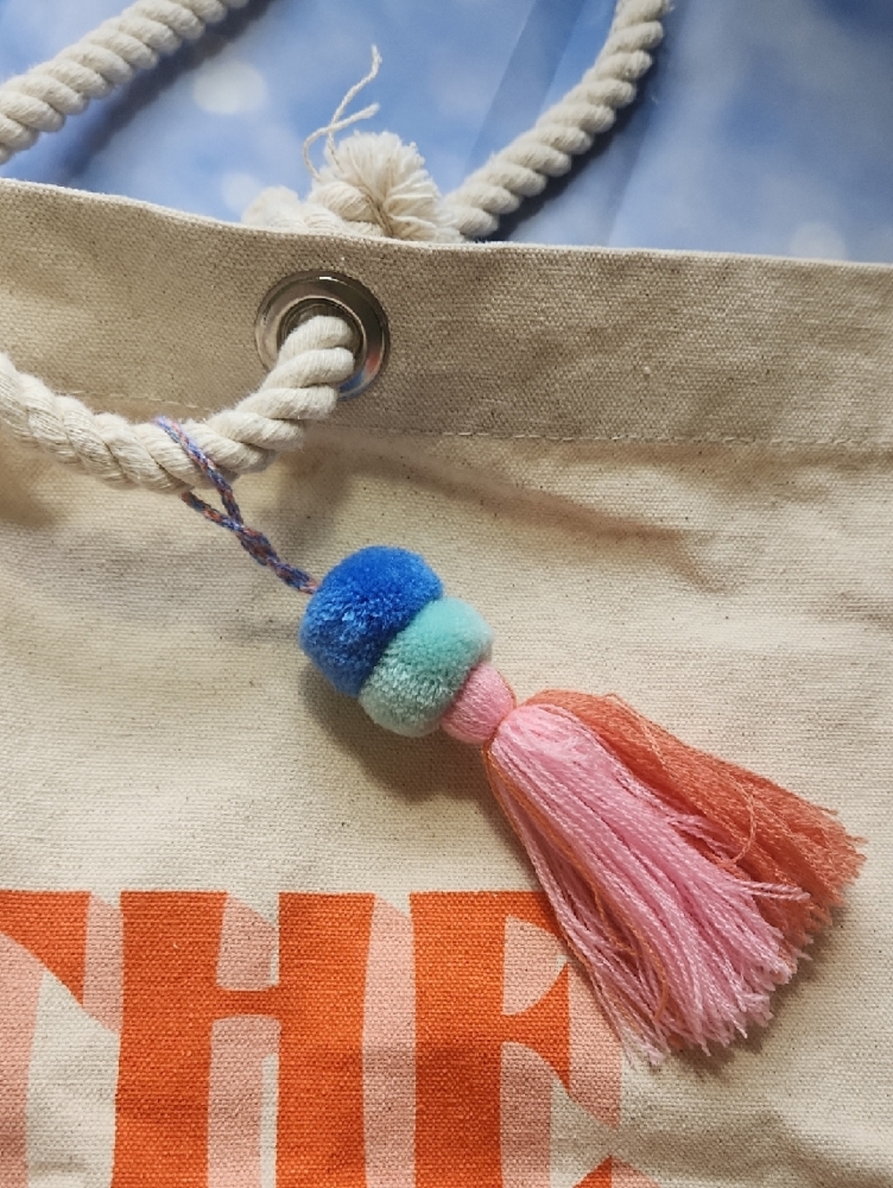 Be The Sunshine Cream Tote with Coral Text and Tassel 15" X 18" - Picture 2 of 8